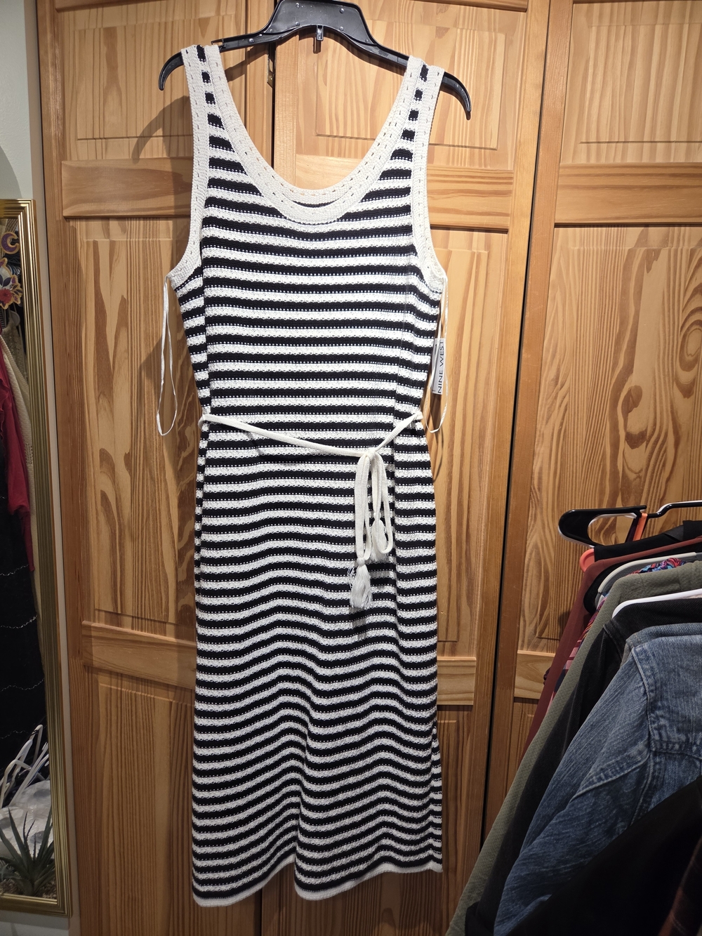 Nine West Black and White Striped Knit Crochet Midi Dress with Tie Waist